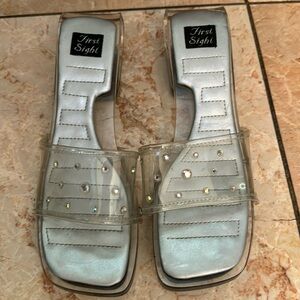 First Sight clear lucite sandals clear plastic strap w/ rhinestones